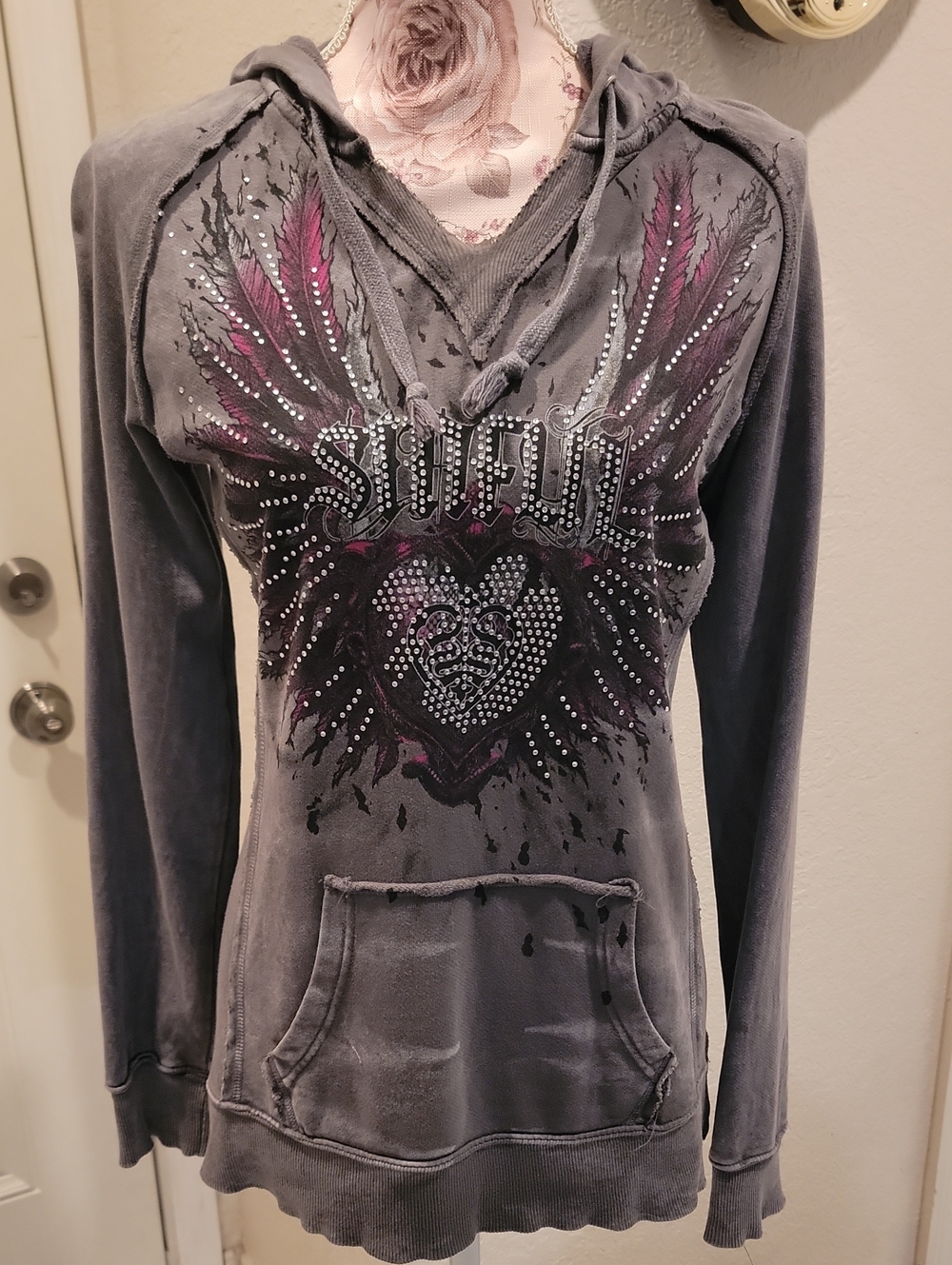 Affliction Gray Hooded Pullover with Purple Accents